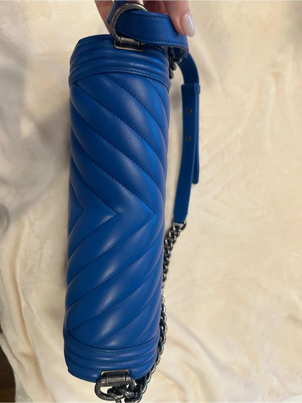 CHANEL Blue Chevron Quilted Shoulder Bag with Gunmetal Chain